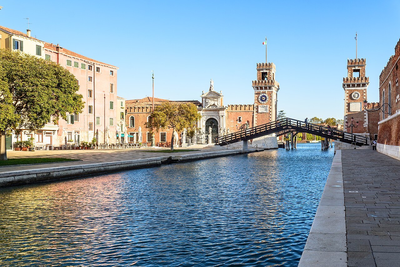 The canal into the Arsenale, the gate towers at its end