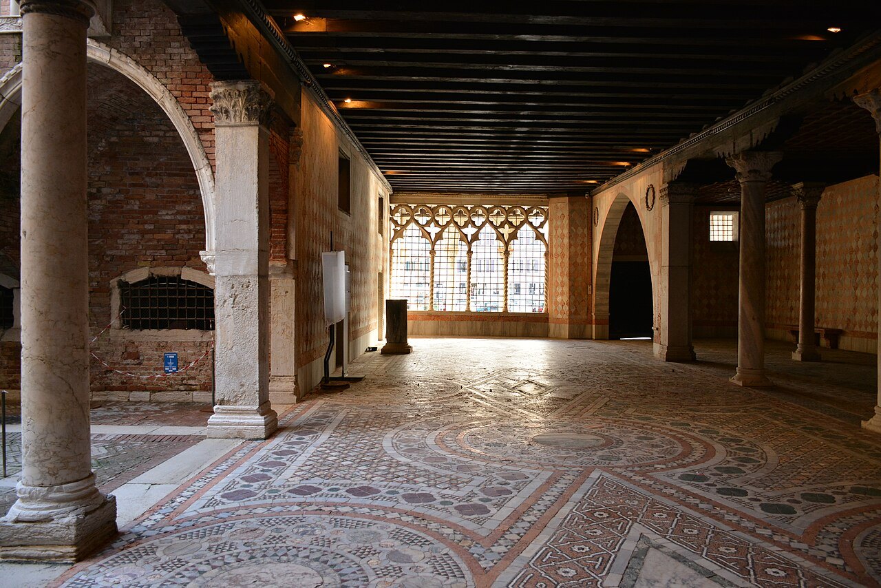 The mosaic floor and columns of the Ca' d'Oro's entrance hall
