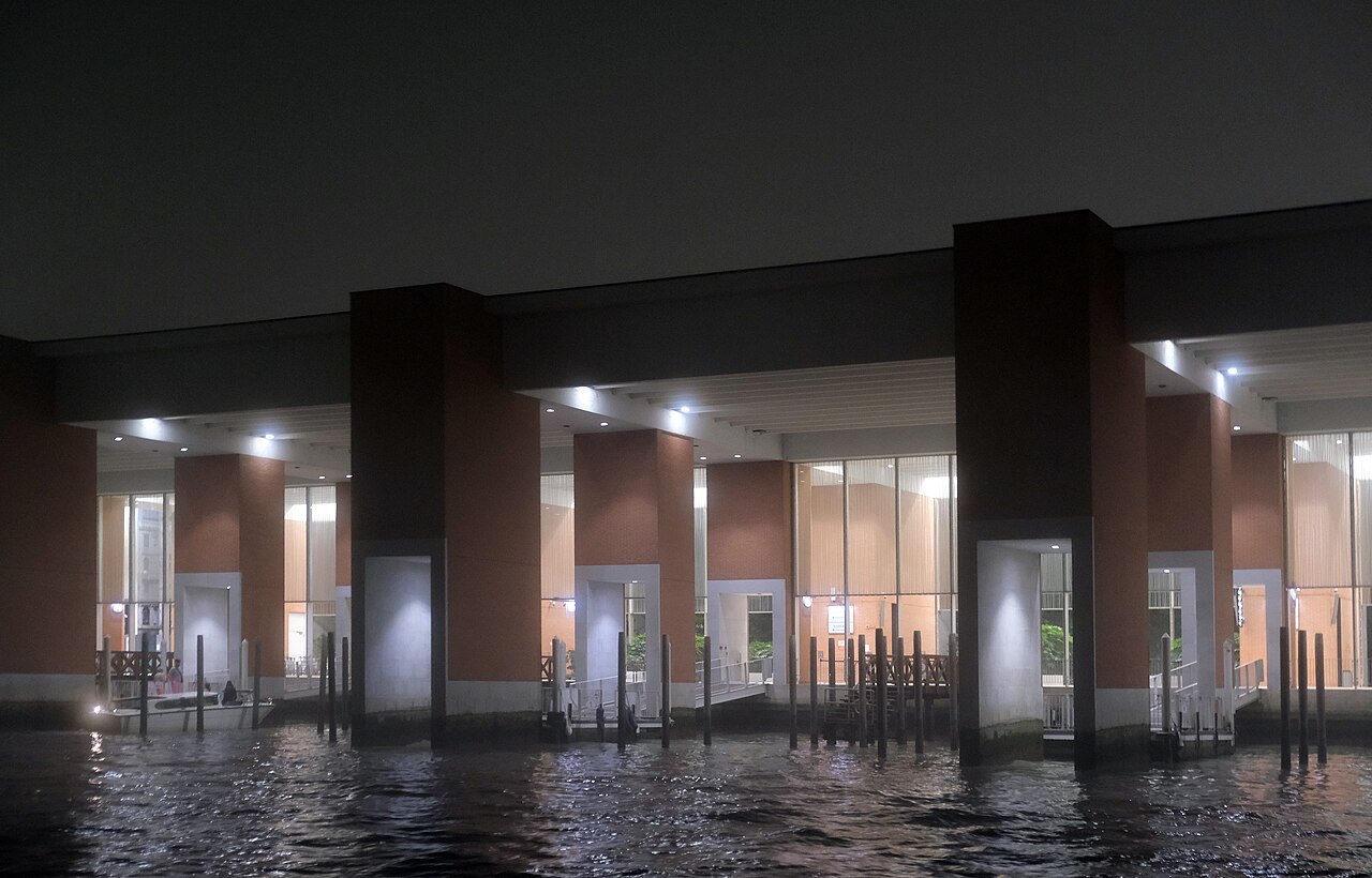 The airport's water terminal lit at night