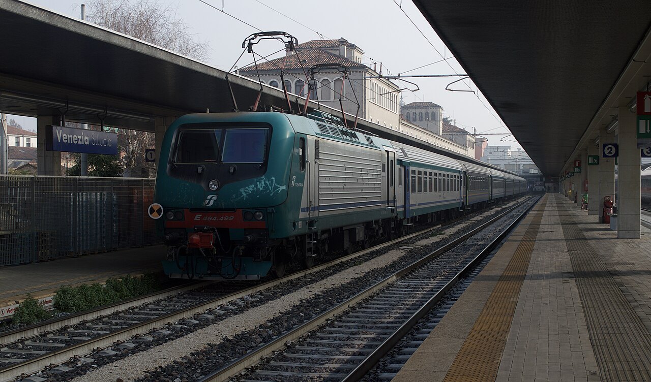 A regional train at a platform in Santa Lucia station