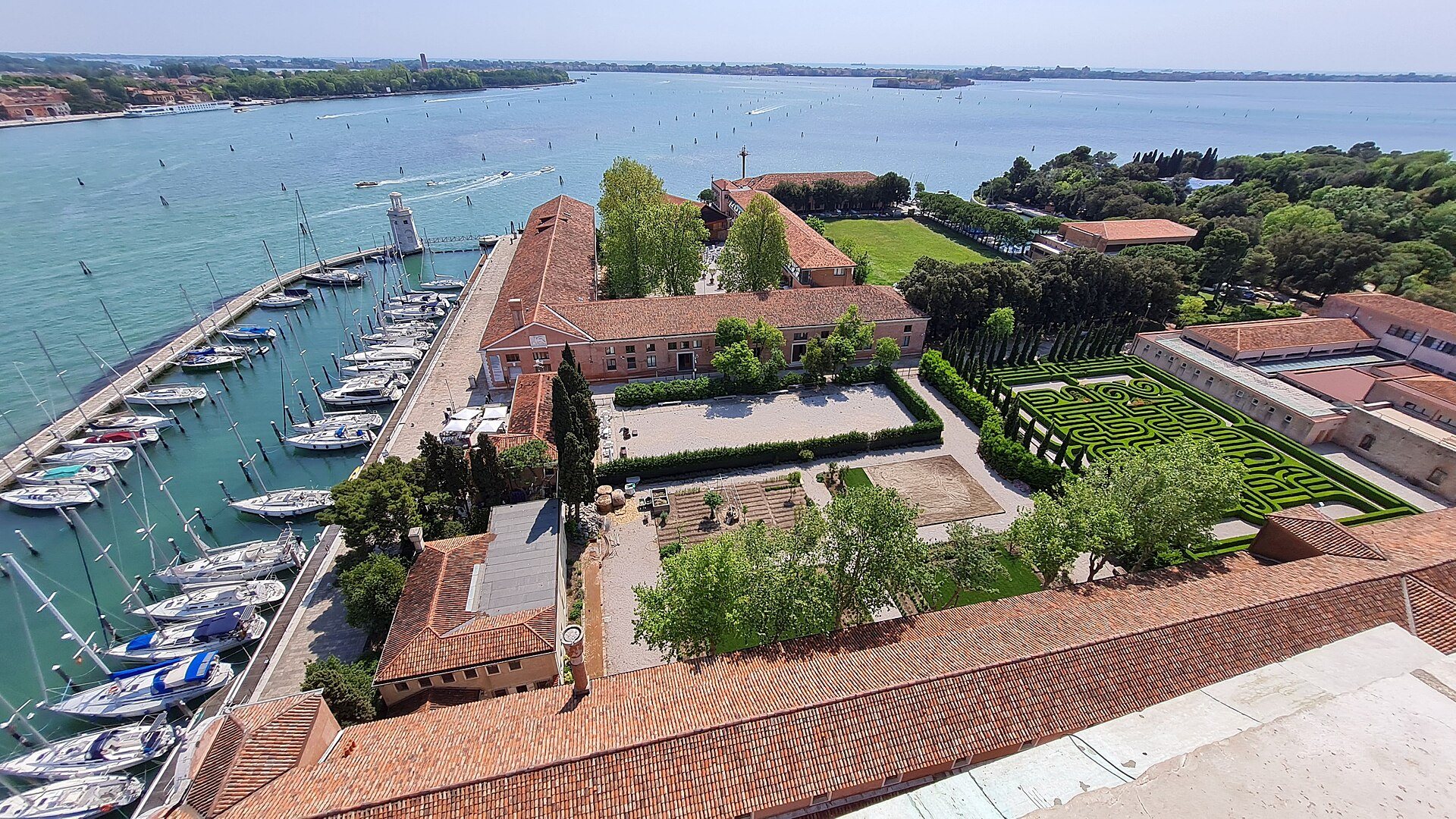 The monastery and yacht harbor of San Giorgio Maggiore from its bell tower