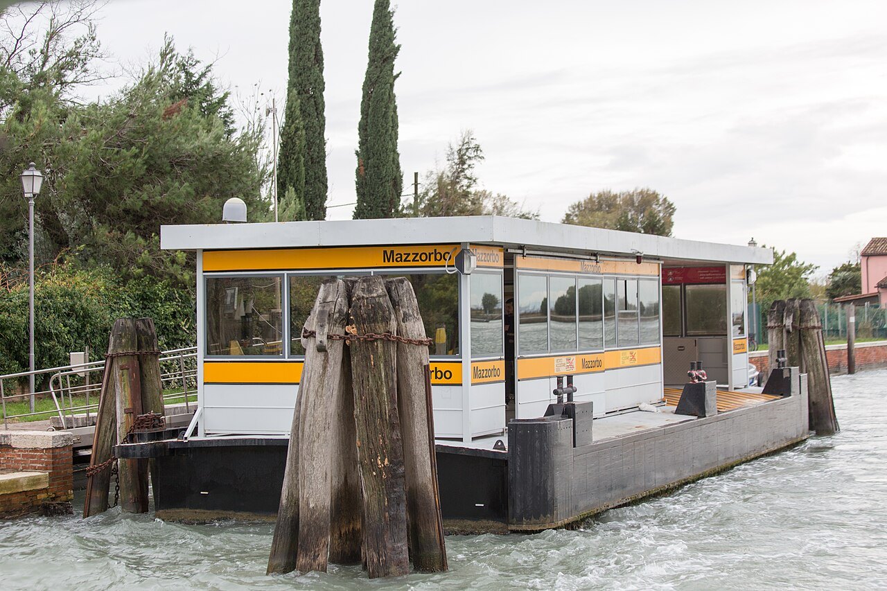 The water-bus pontoon at Mazzorbo among its mooring posts