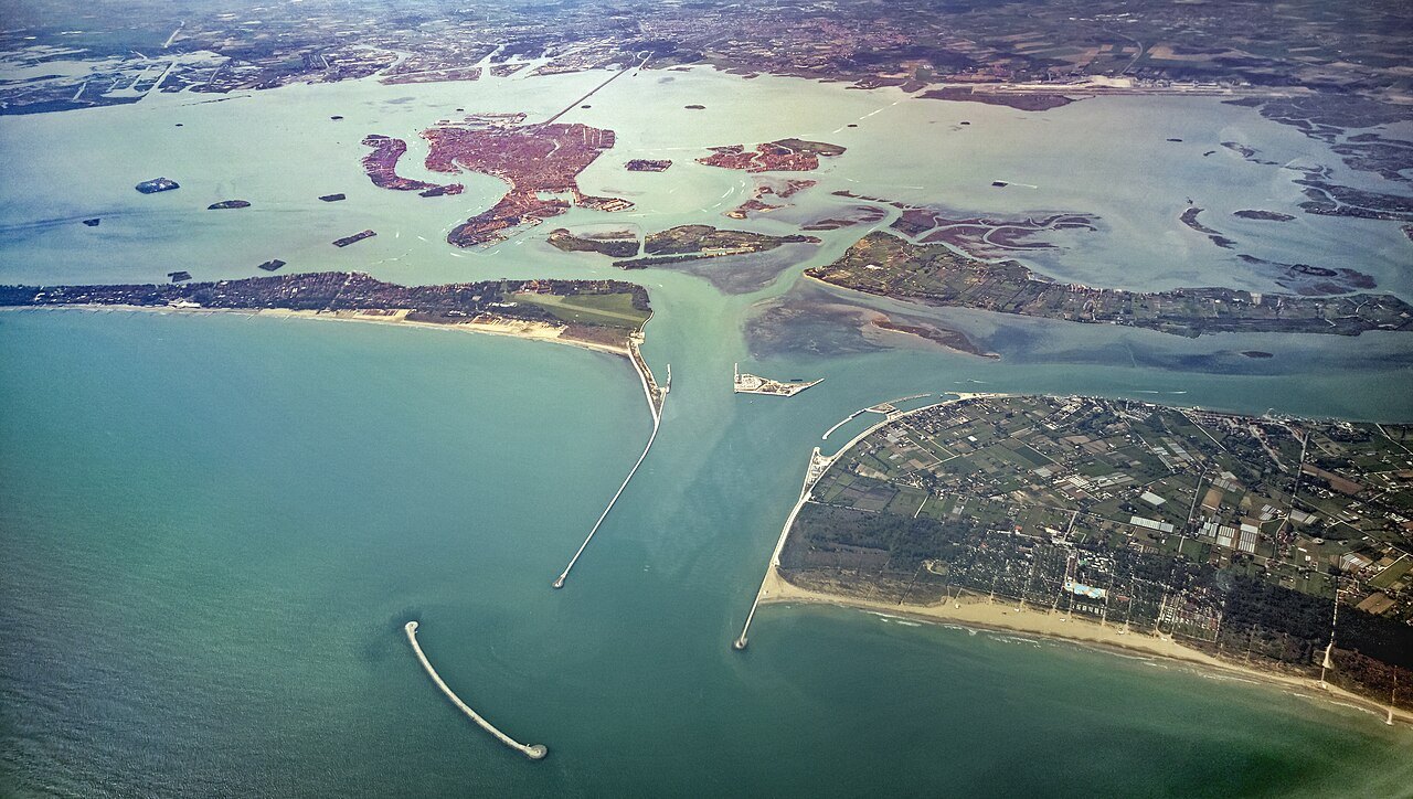 The Lido inlet and the city in its lagoon, from the air