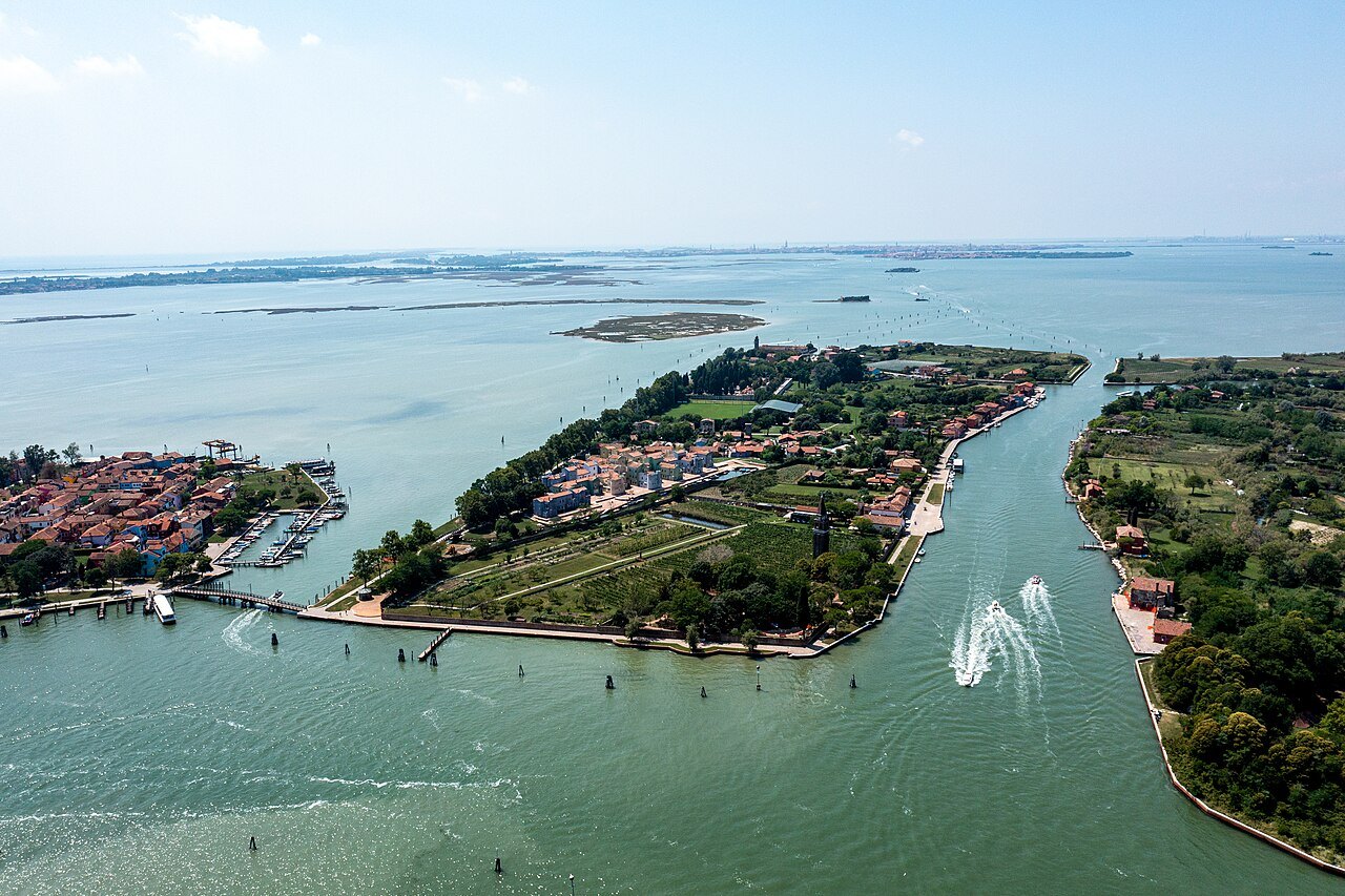 Mazzorbo and Burano from the air, the channel between them