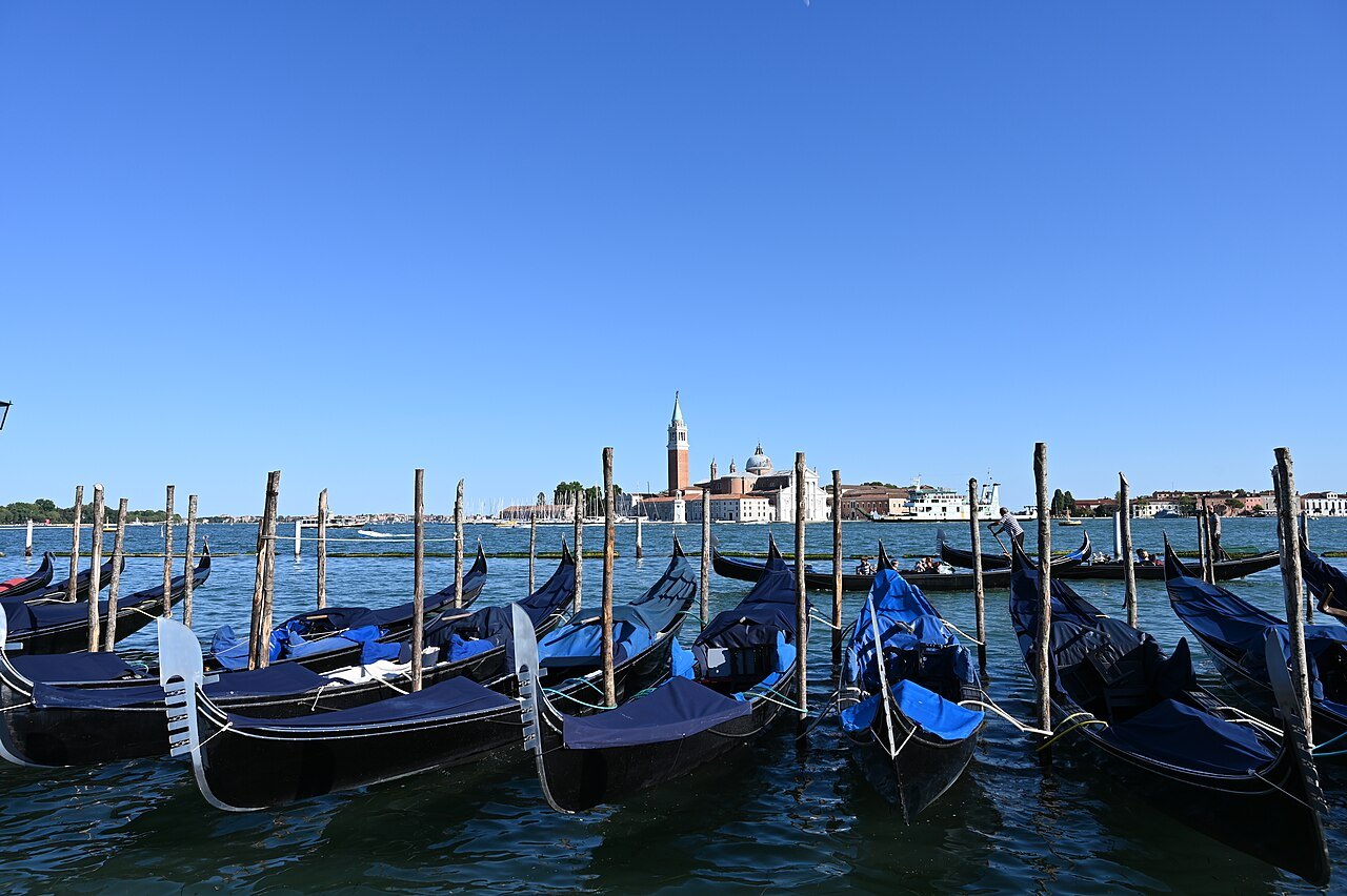 Gondolas moored at San Marco, San Giorgio far across the water