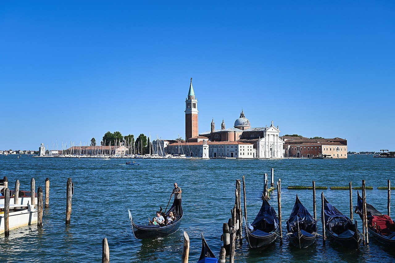San Giorgio Maggiore across the basin, gondolas in the foreground