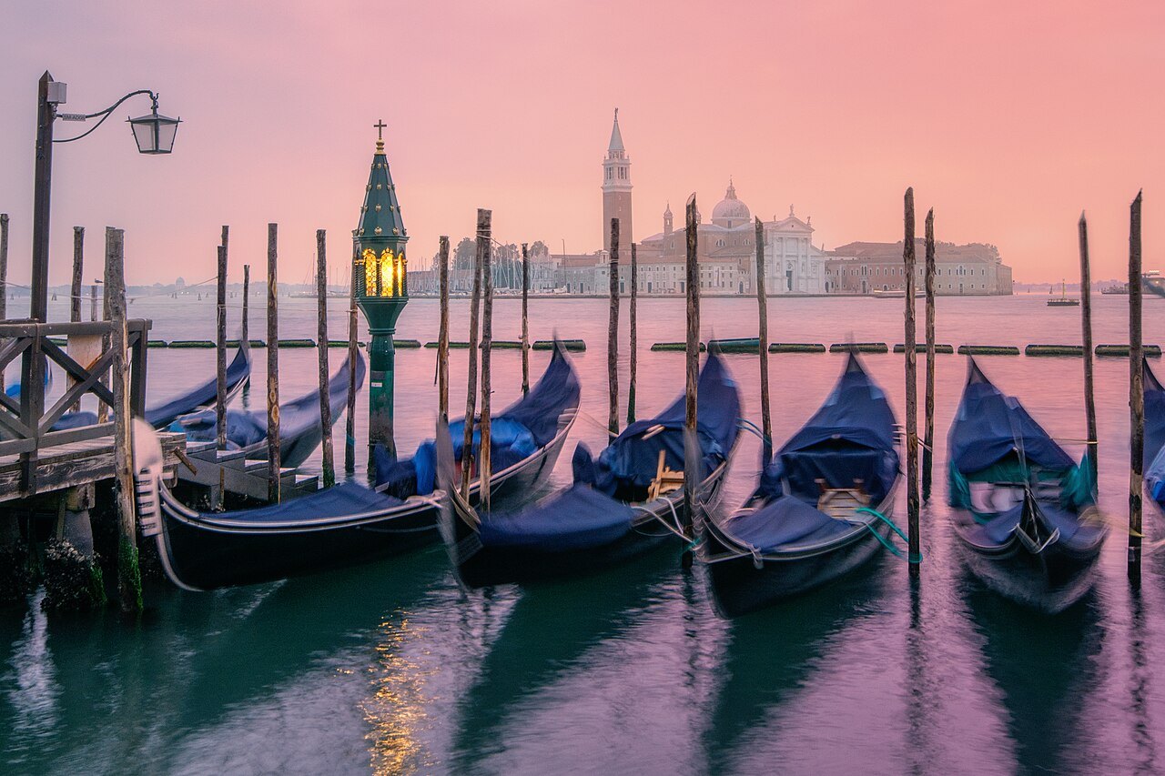 Gondolas moored at dawn, San Giorgio across the water