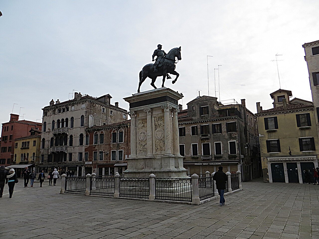 The equestrian statue of Bartolomeo Colleoni on its pedestal in the campo